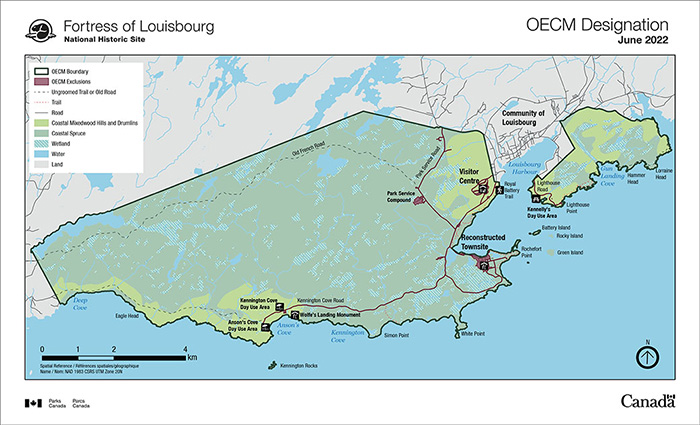 A coloured map with a legend that outlines different regions of Louisbourg and new conservation area