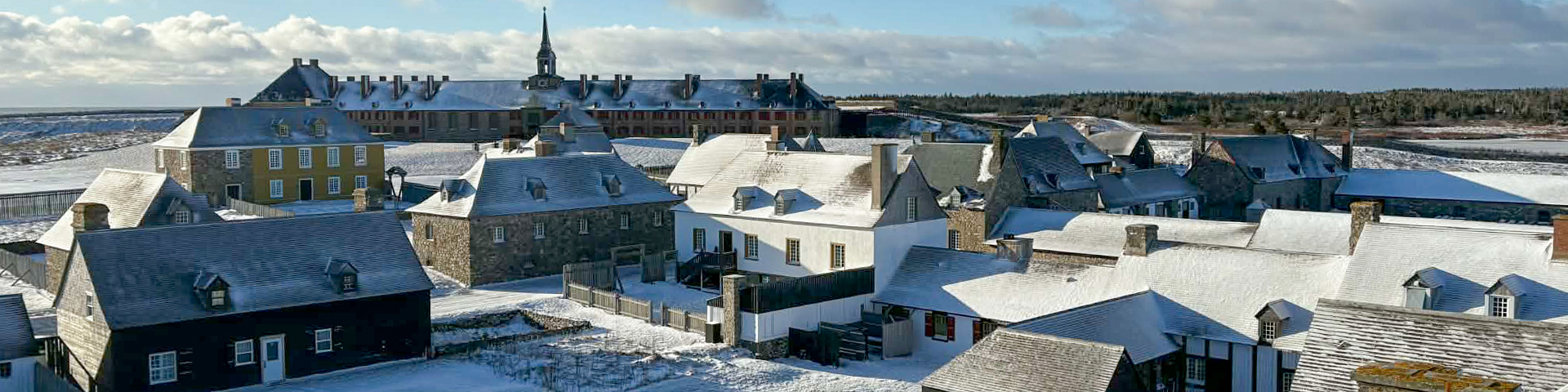 Ariel view of the Fortress of Louisbourg snow covered ground. 