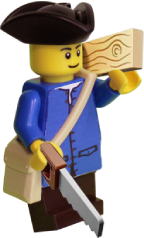 Lego carpenter figure carrying a saw and piece of wood.