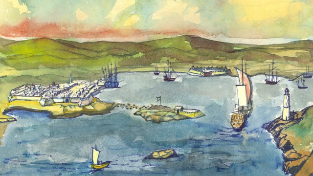 A watercolour painting with a view of Fortress of Louisbourg, the Louisbourg Lighthouse and the harbour with several ships. 