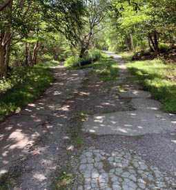 Le sentier a une surface irrégulière composée de pierre, d’asphalte, de terre et d’herbe formant des plaques.