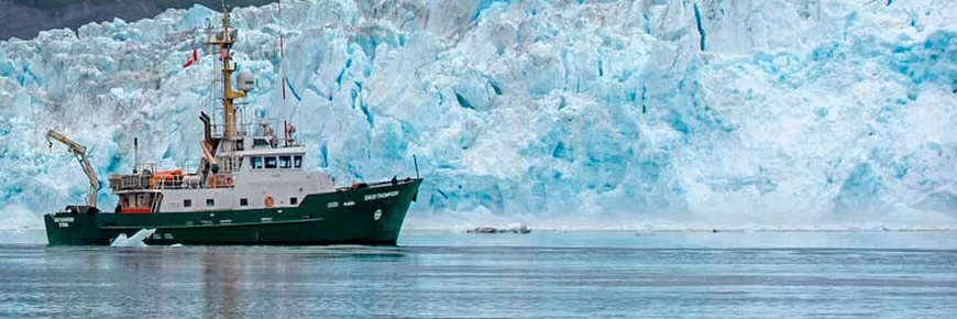 Un bateau vert et blanc devant un iceberg.
