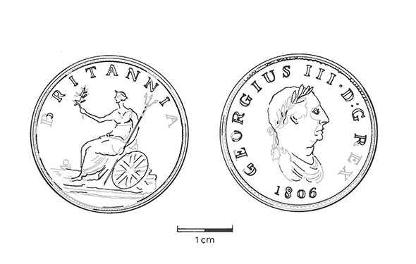 Illustration en noir et blanc d'une ancienne pièce de monnaie britannique