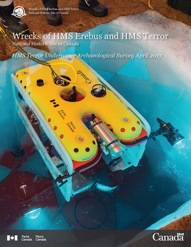 Cover page of archaeological survey report featuring Parks Canada branding, the title of the report, and a photo of an underwater archaeology device floating in water
