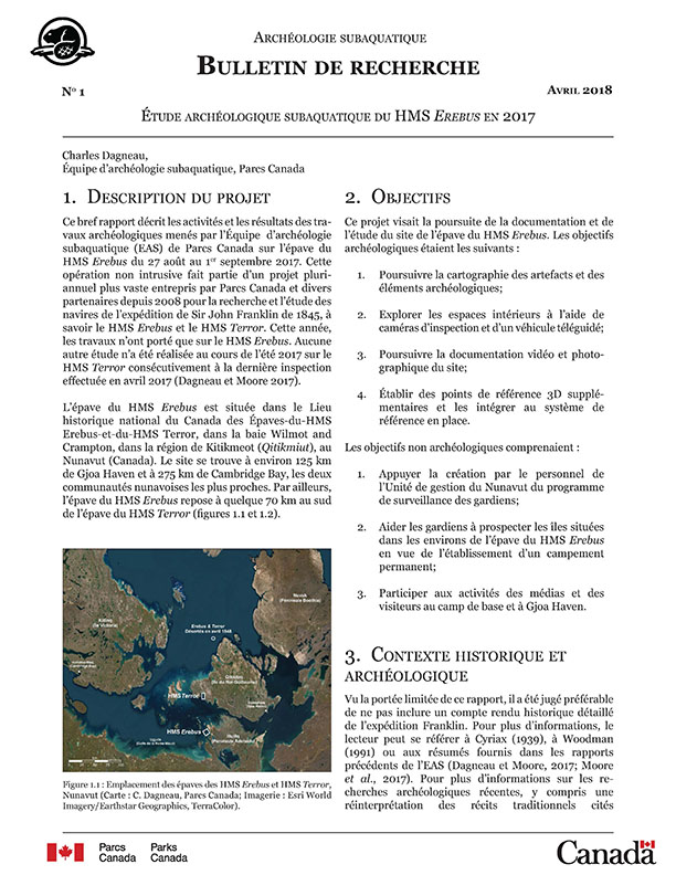 Première page de l'étude archéologique comportant deux colonnes de texte et une carte indiquant l'emplacement des épaves de l'Erebus et du Terror