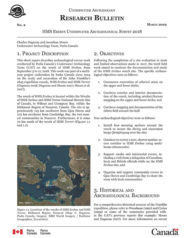 First page of archaeological survey featuring two columns of text and a map of the locations of the wrecks of Erebus and Terror