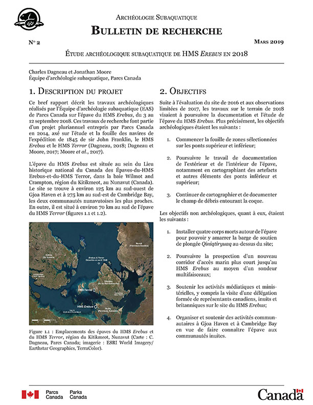 Première page de l'étude archéologique comportant deux colonnes de texte et une carte indiquant l'emplacement des épaves de l'Erebus et du Terror