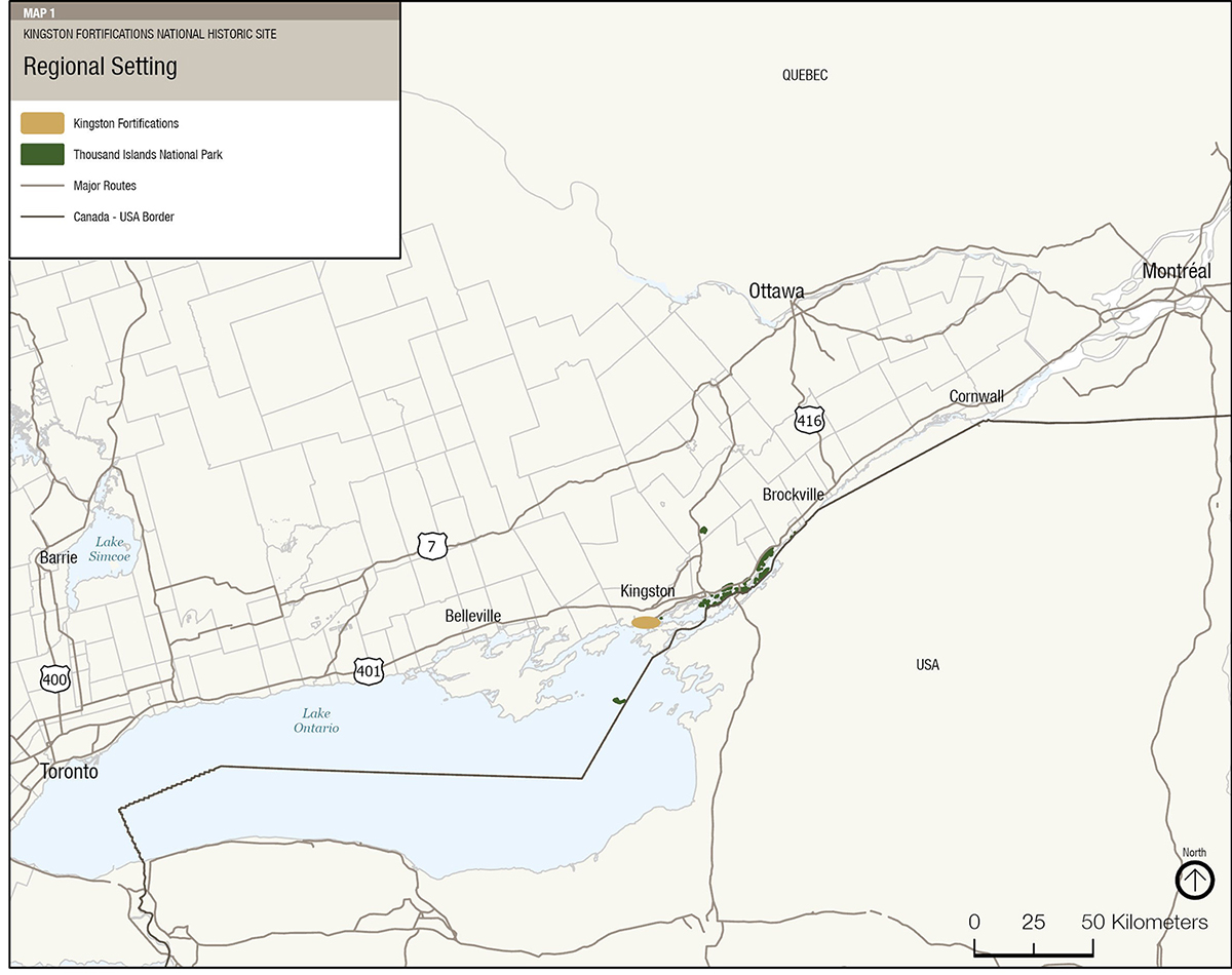 Map 1 - The map shows the regional geographic setting of the Kingston Fortifications National Historic Site