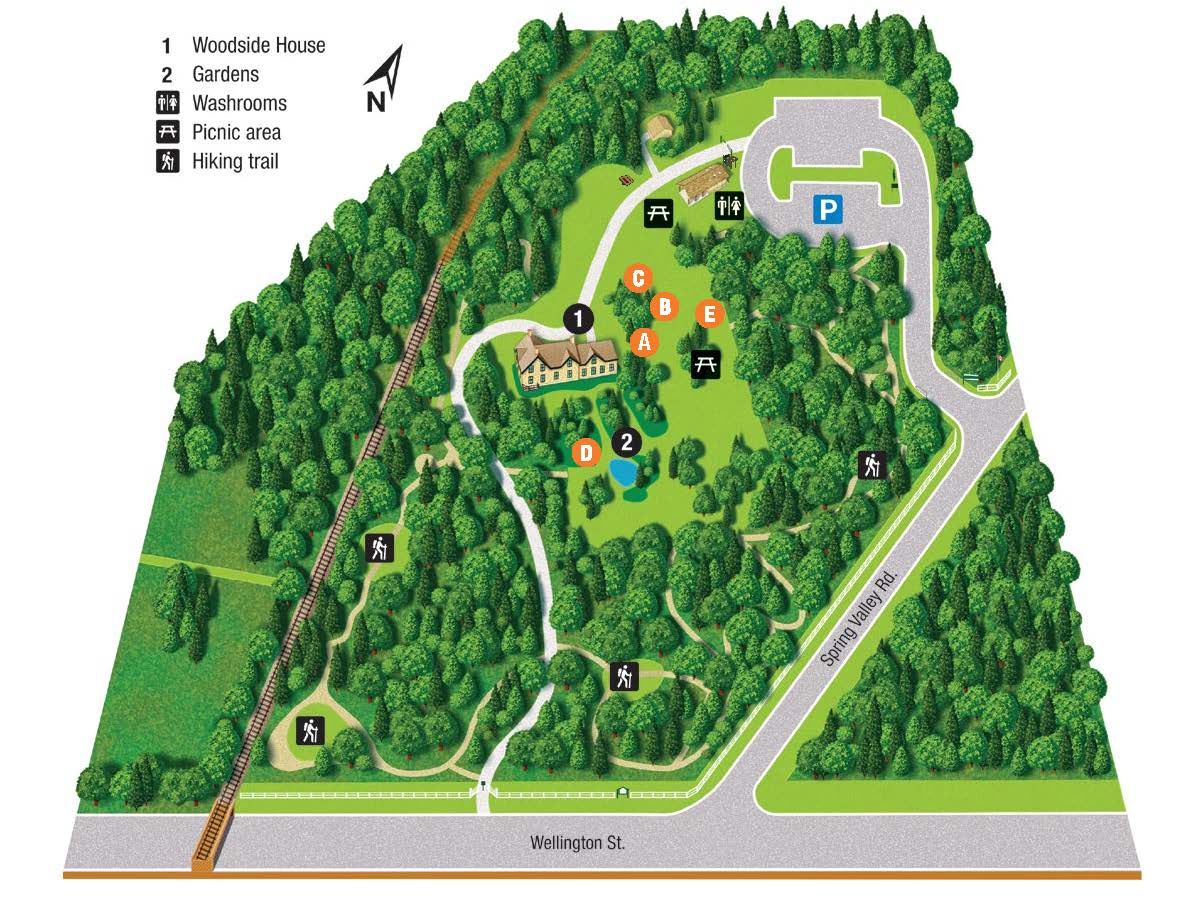 Woodside consists of 11.5 acres (4.5 ha.) of trees, hills, lawns and wetlands.  Letters on the map shows elements of the historic landscape.