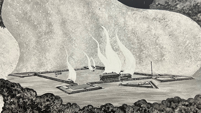 Dessin de l'incendie du fort Amherstburg