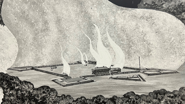 Drawing of the burning of Fort Amherstburg