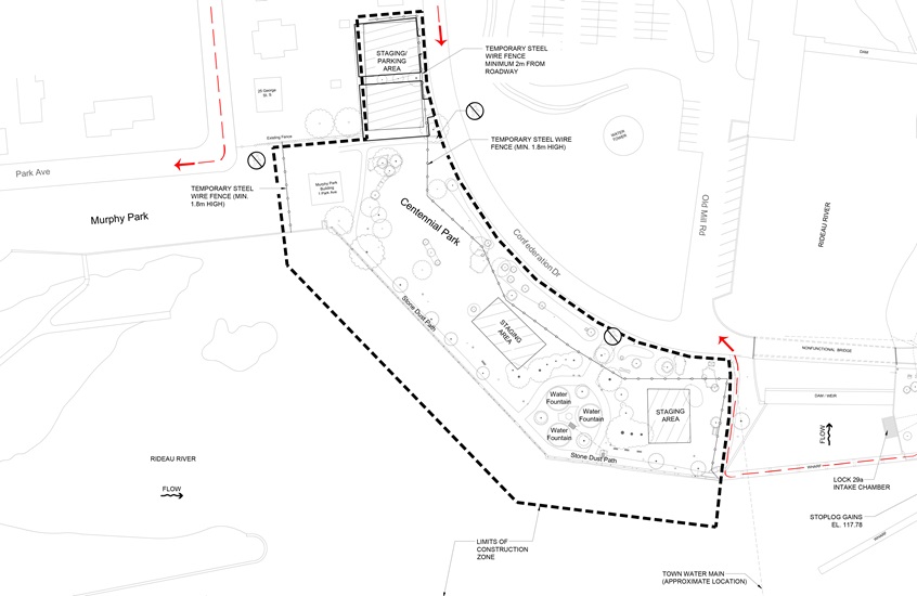 Map showing Centennial Park fenced to allow for construction staging and safety. Paths are re-routed via Confederation Drive, Strathcona St., and Park Ave.