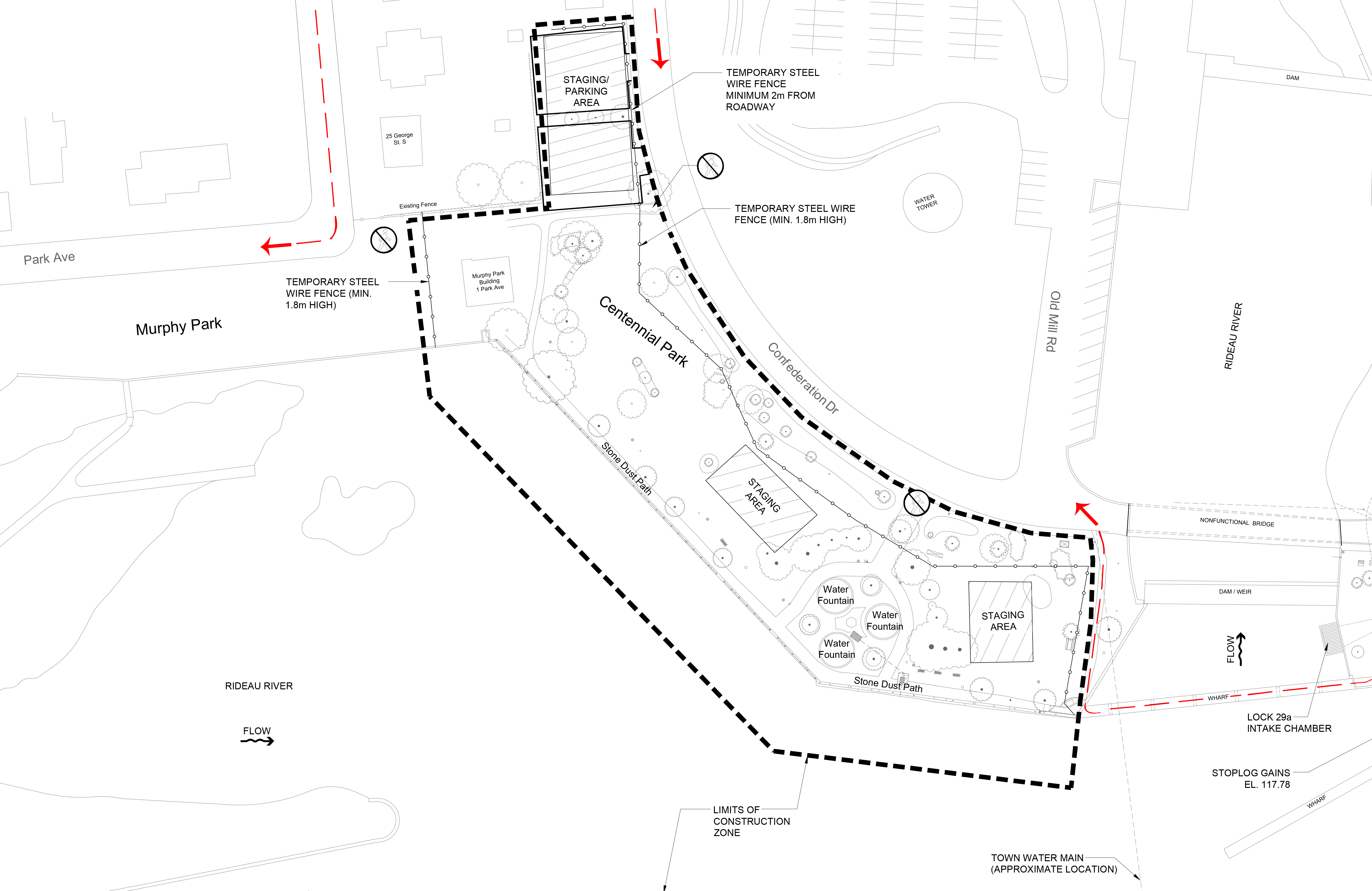 Map showing Centennial Park fenced to allow for construction staging and safety. Paths are re-routed via Confederation Drive, Strathcona St., and Park Ave.