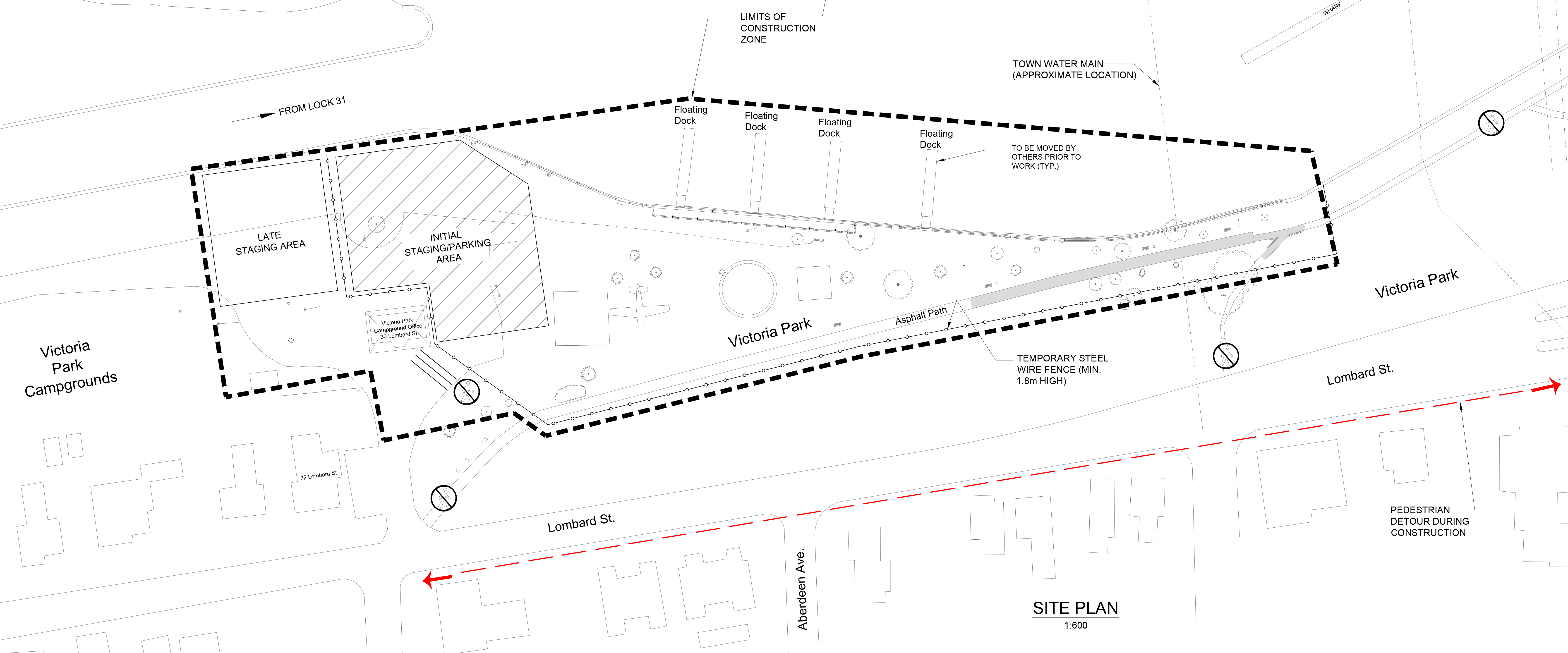 Map showing Victoria Park between Abel St. and Lavinia St. fenced to allow for construction staging and safety. Paths are re-routed to the south side of Lombard St. 