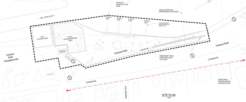 Map showing Victoria Park between Abel St. and Lavinia St. fenced to allow for construction staging and safety. Paths are re-routed to the south side of Lombard St.