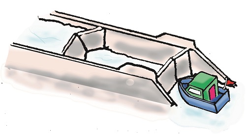 Illustration of a boat approaching a lock