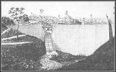 Dam at Jones Falls when nearly completed, showing the last temporary passage for the surplus water, 1831