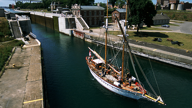 A ship leaving the canal.