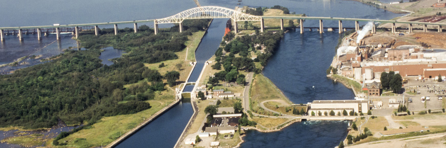 An aerial photo of the recreational lock and canal in Sault Ste Marie, ON.