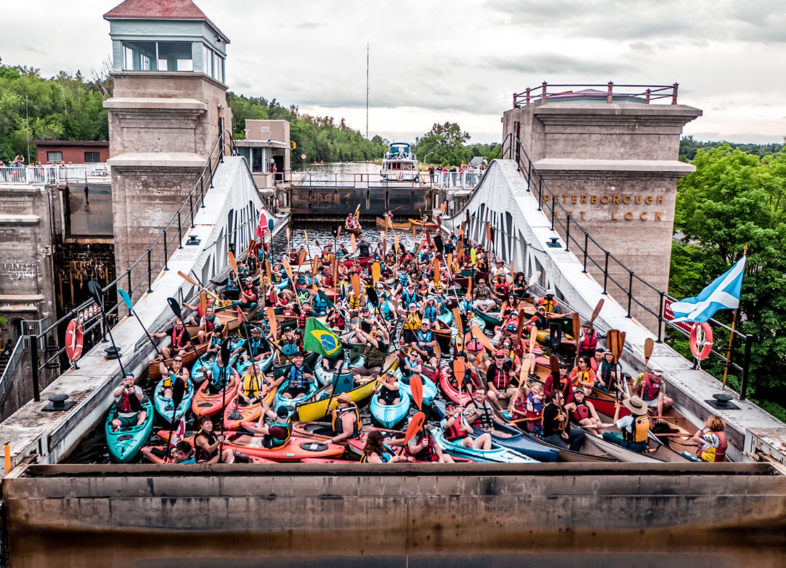 Canoes and kayaks filling the upper chamber of the Peterborough Lift Lock