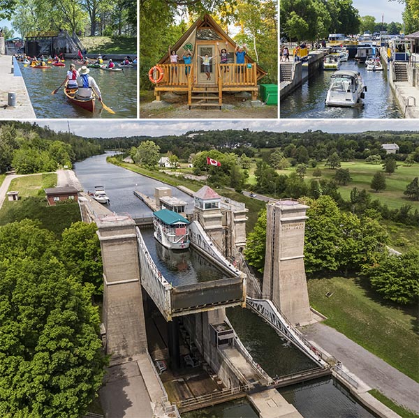 Four images: 1. A brigade of canoes in a lock, 2. A family in front of a semi-permanent tent structure, 3. Boats going through a canal, 4. A lift-lock.