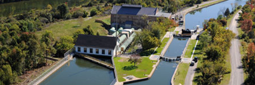 Vue aérienne de la centrale de l’aménagement hydroélectrique de Healey Falls.