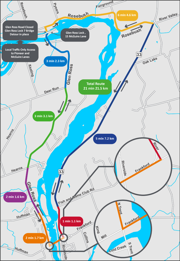 The detour map displays a closure at the Glen Ross Lock 7 bridge. Local traffic may use the Frankford Road crossing as a temporary detour until the construction is completed.