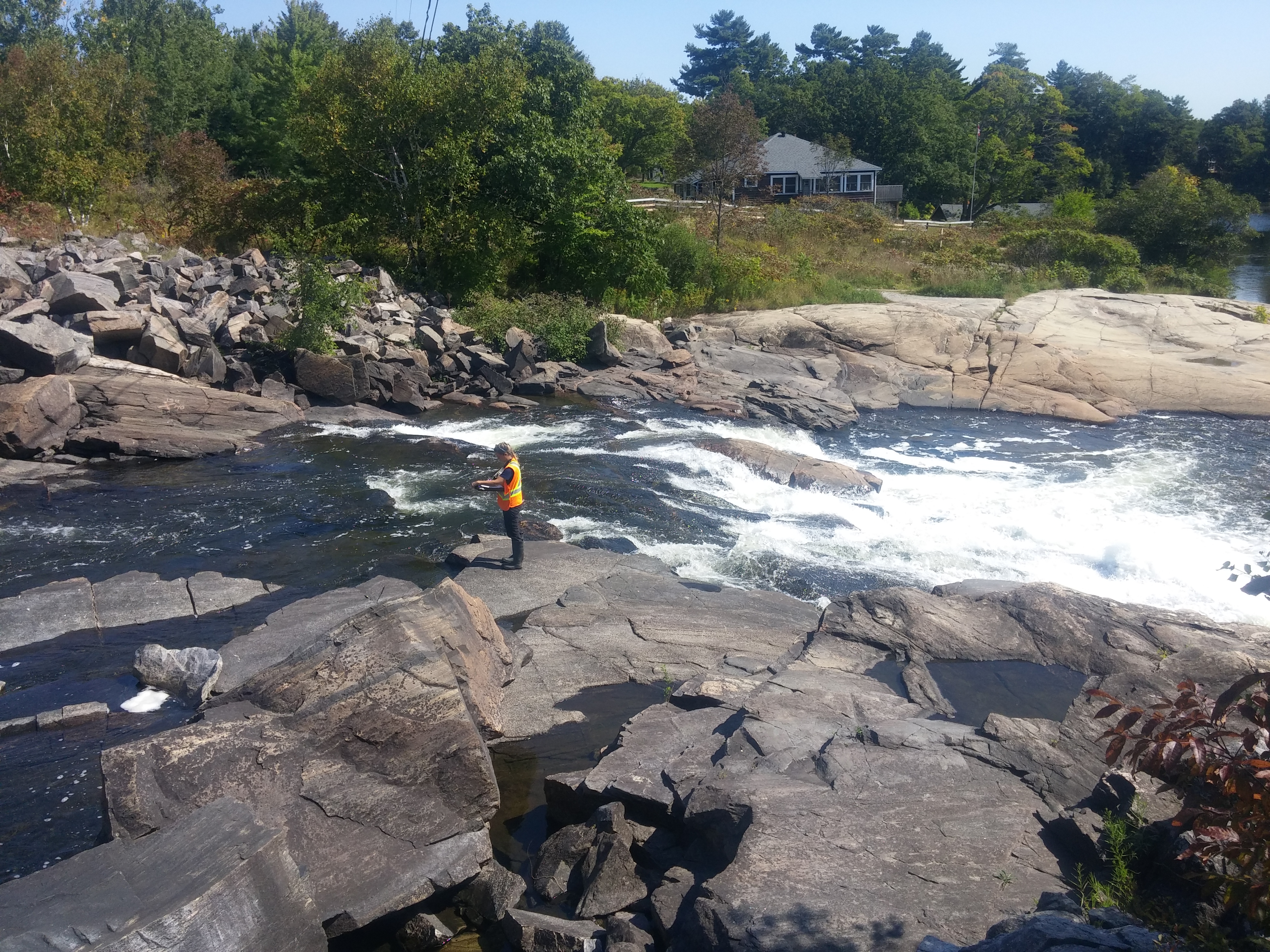 An environmental worker in an orange vest takes notes beside a rapids