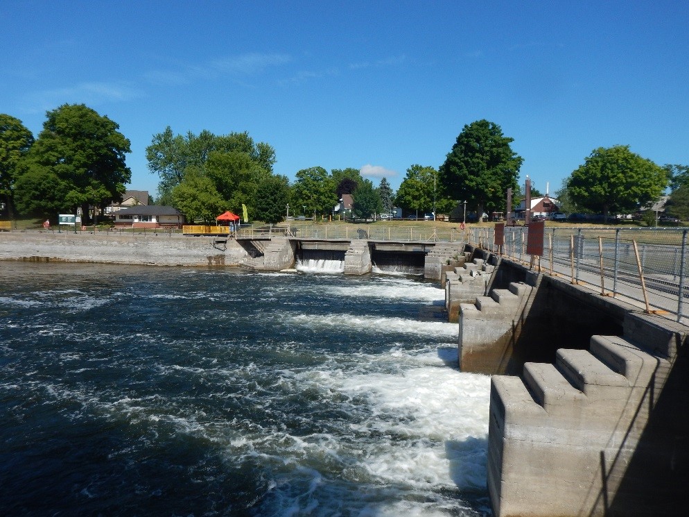 The downstream portion of a dam