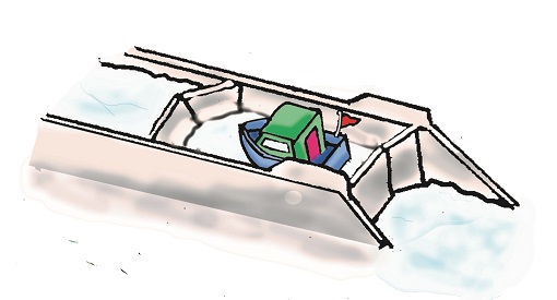 An illustration of a boat inside a lock