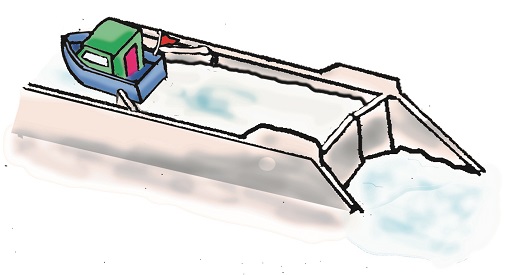 An illustration of a boat exiting a lock