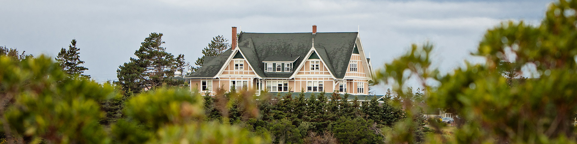 Grande maison de style victorien avec des toits à pignons raides entourée d’arbres verts denses sous un ciel nuageux.