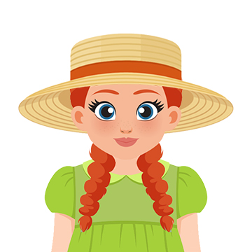 An illustration of a young girl with two red braids, a straw hat, and green dress.