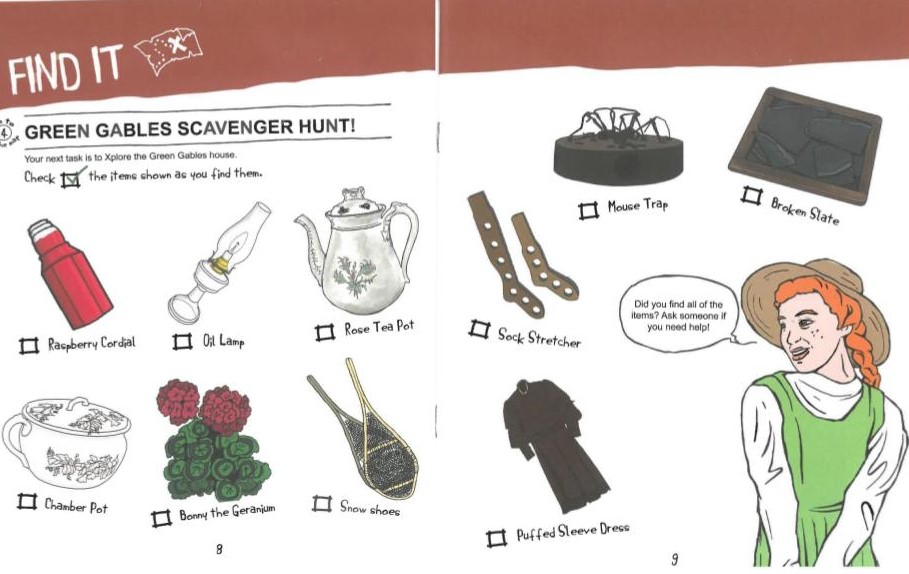 Handout with different drawings of items to find around Green Gables Heritage Place. 