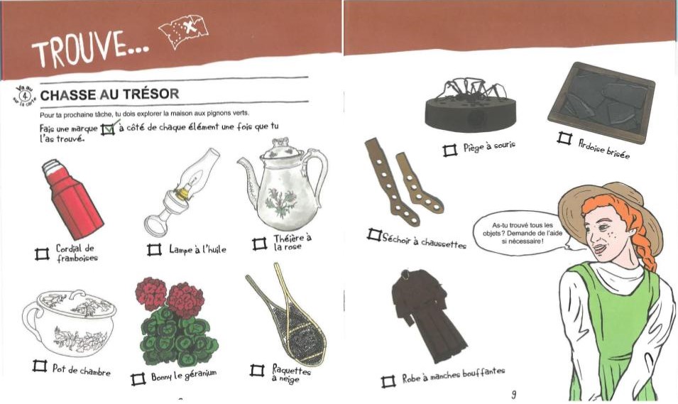 Document avec des dessins de différents objets à trouver autour de Green Gables Heritage Place.