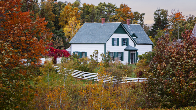 Green Gables house sits nestles amongst trees with fall colours.