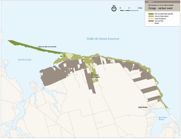 Carte 2 : Zonage du secteur ouest du parc national de l’Île-du-Prince-Édouard qui s’applique au site patrimonial Green Gables — La version textuelle suit.