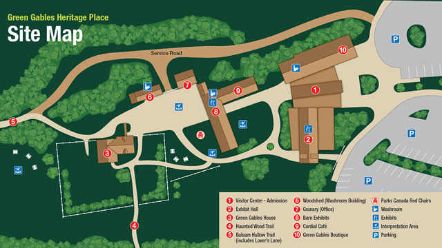 Green Gables site map depicting parking areas, visitor centre, trails, and Green Gables House.