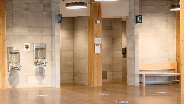 Inside the Visitor Information Centre at Green Gables Heritage Place, the washrooms have large entryways.