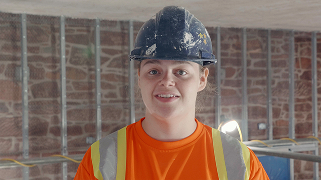 Emma Johansson, graduate of Holland College Heritage Retrofit Carpentry program, who turned her talents toward plastering and now works with Heritage Grade