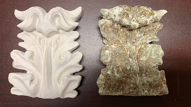 Image left: Original plaster leaf. Below, Image right: Recreation of this leaf, crafted by Emma Johansson, Holland College Heritage Retrofit Carpentry graduate, who shifted to working on plaster.