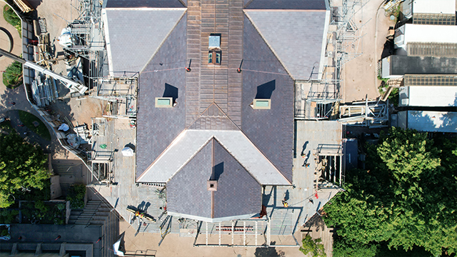 A drone image of the completed roof work.