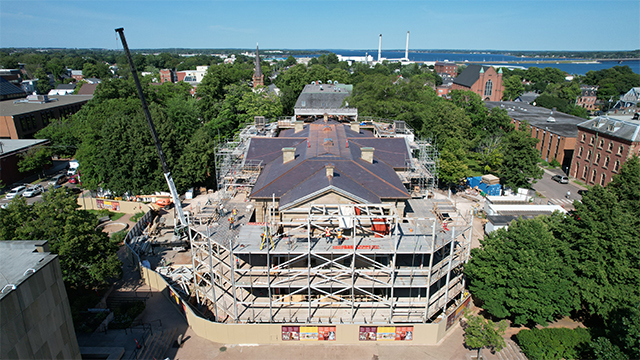 aerial view of Province House covered in scaffolding