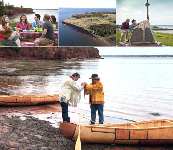 Four images: A family having a picnic, a point on the coast, two people looking at a cairn, two people greeting each other on the shore beside birchbark canoes.