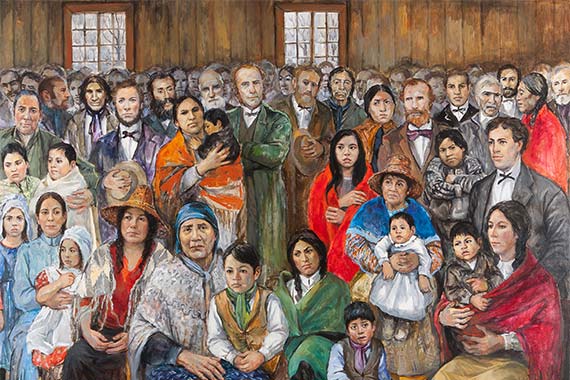Mural at Fort Langley National Historic Site depicting the diverse group of people who would have been at this fur trade post in the 1850s.