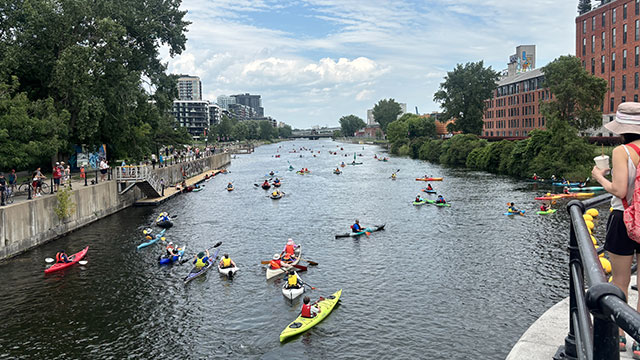 Un groupe de kayakistes et d'autres pagayeurs sur le canal de Lachine. 
