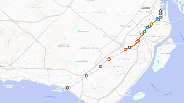 Carte qui représente une section du sud de Montréal avec le tracé de la piste qui longe le Canal-de-Lachine.