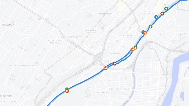 Map showing a section of southern Montreal and a trail along the Lachine Canal.