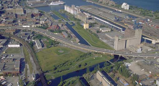 Aerial view of the Peel Basin and the Port of Montreal looking east.