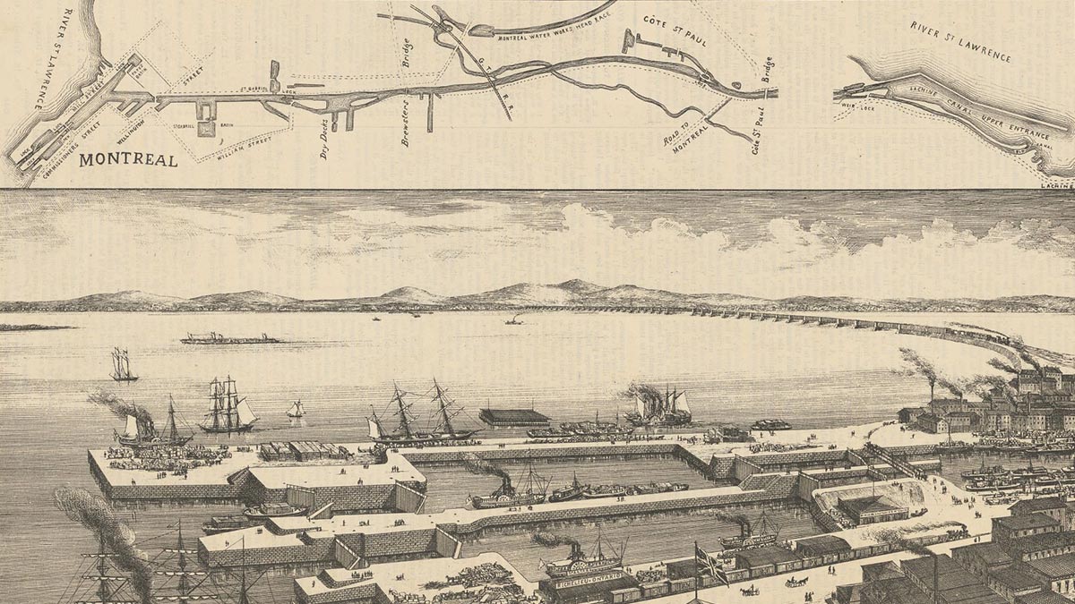 Historic engraving showing the map and view of the Lachine Canal connecting Montreal to the St. Lawrence River.